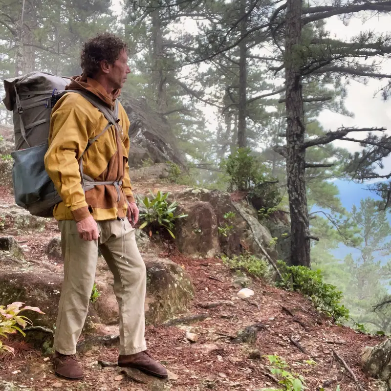 Natural fiber hiking clothes: waxed canvas rain shell and merino layers
